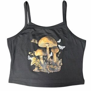 ROMWE Black Crop Tank with Gold Mushroom & Butterfly Graphic